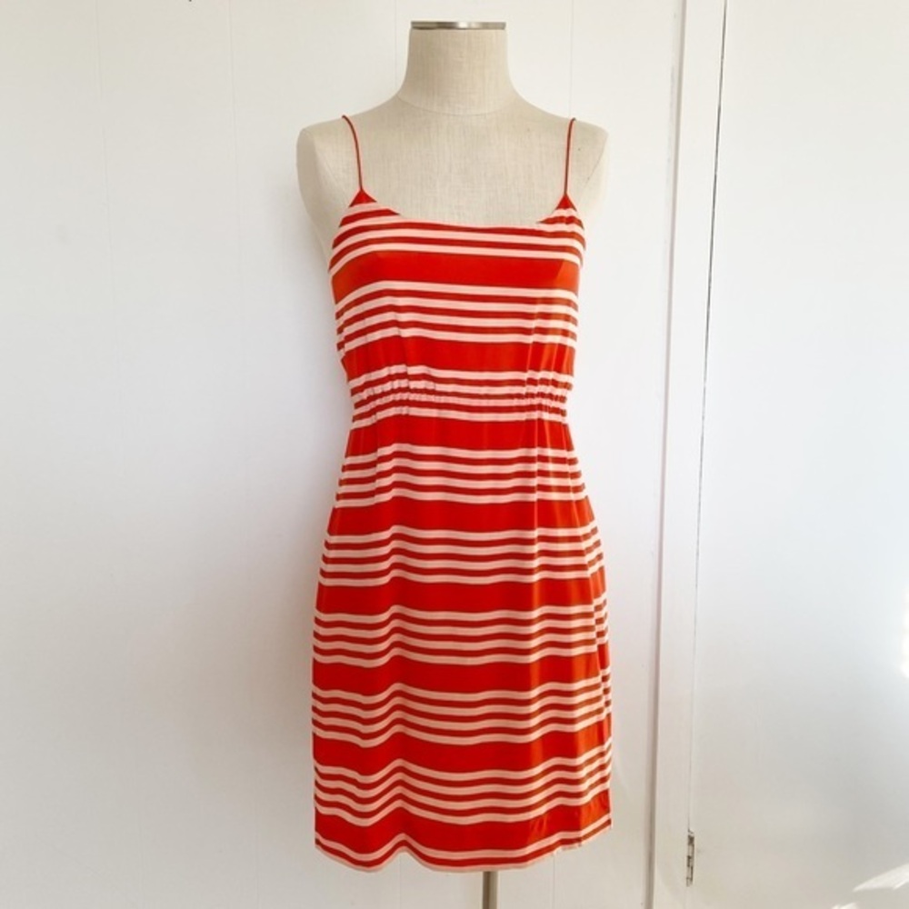 J. Crew 100% Silk Slip Dress Orange Cream Stripe Gathered Waist Lined‎ Size 4